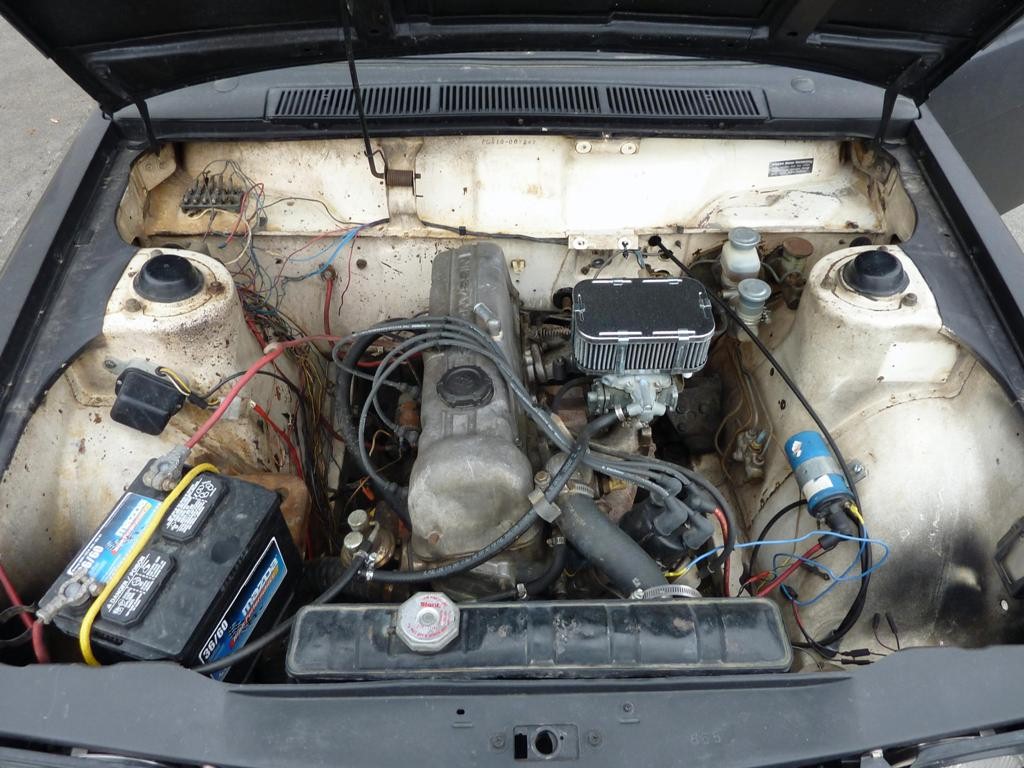 Datsun 510 engine bay before