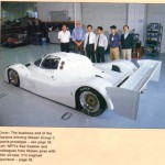 NPTI Gp P-35 Trevor Harris, designer and Kas on left with Nissan factory engineers at NPTI.